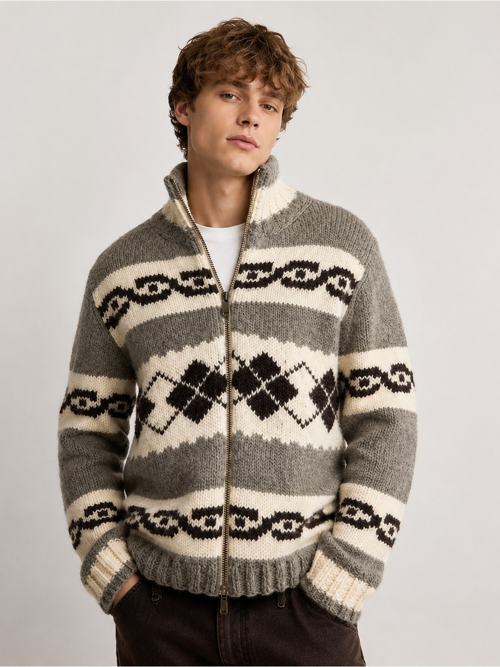 American Eagle Hand-knit Cowichan Fair Isle Alpaca Fill Zip Brown Tan Sweater M